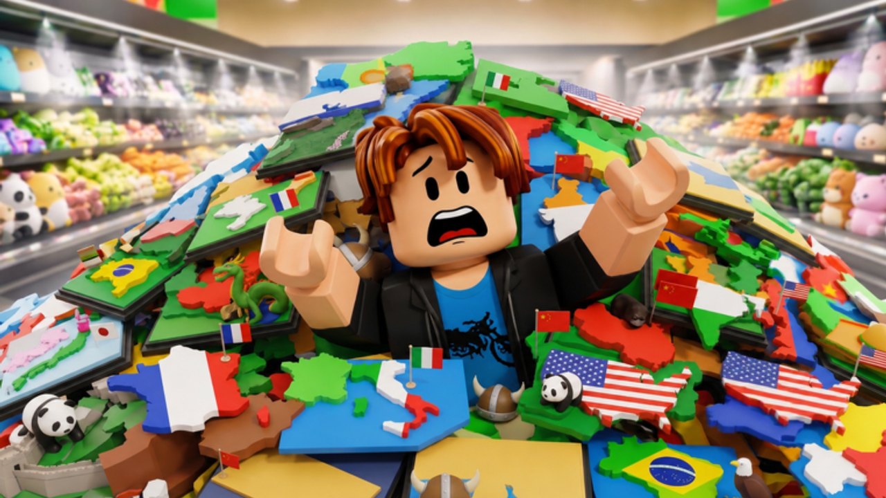 Roblox avatar stuck in a pile of country-shaped flag pieces inside Clean the Countries