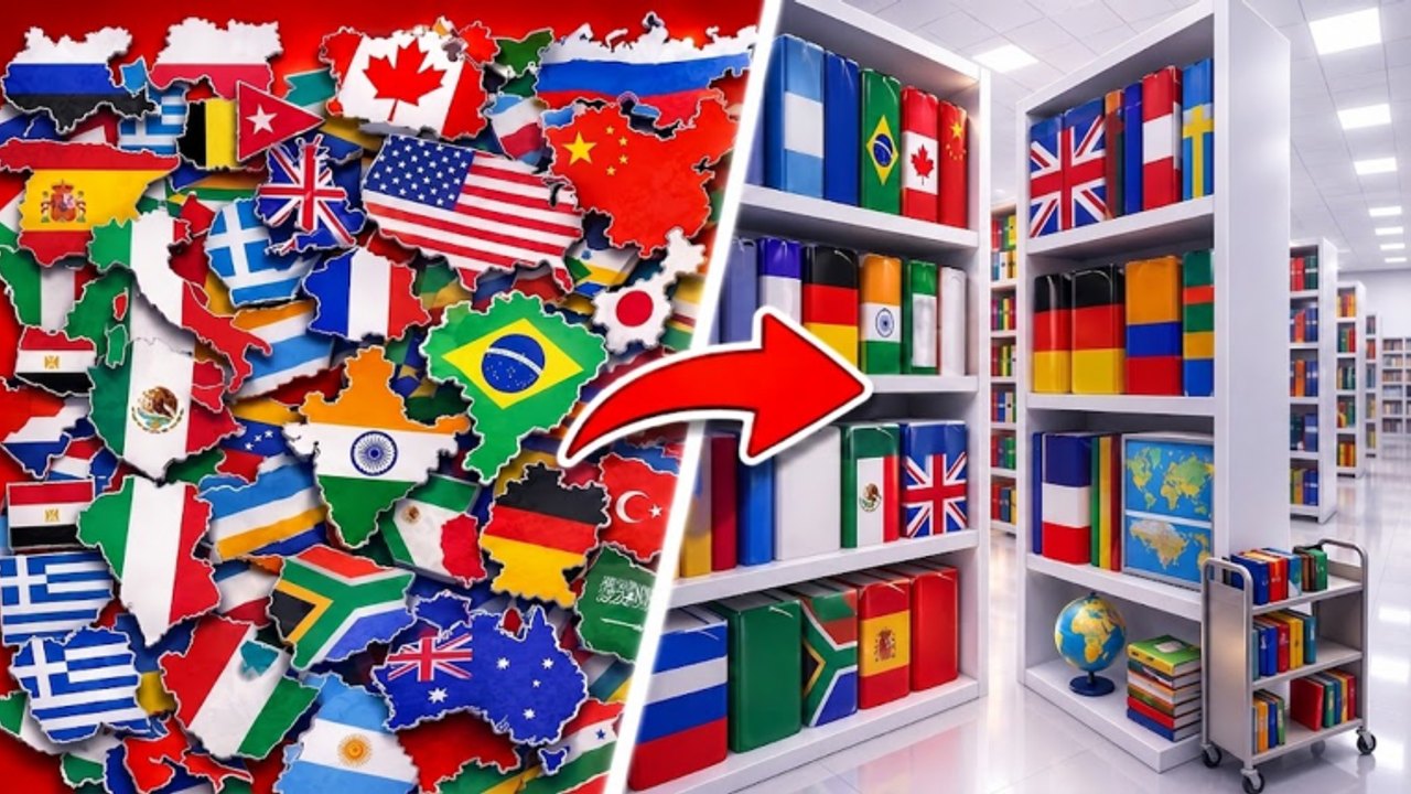 Before-and-after of messy country pieces versus sorted country shelves in Clean the Countries